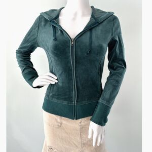 So Wear It Declare It Teal Green Hooded Velour Track Jacket Raw Seams Juniors M